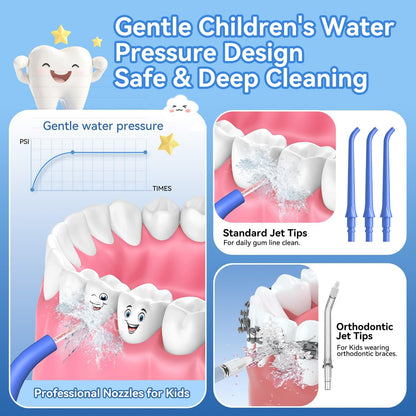 JTF Kids Water Dental Flosser: Rechargeable Portable Oral Irrigator with 4 Flossing Modes 230ml Tank 4 Tips Travel Bag Waterproof Stickers, Cordless Electric Flossers for Teeth Gum Braces Care, Age 6+