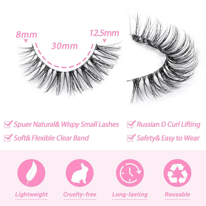 JIMIRE Lashes Natural Look Clear Band Demi-Wispies Short False Eyelashes Fluffy 3D Cat Eye 13MM Strip Lashes 7 Pairs Pack