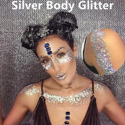 Go Ho Silver Face Body Glitter Gel,Singer Concerts Silver Face Paint Makeup,Holographic Chunky Glitters for Hair/Lip/Nails on Party Halloween Makeup,Festival Rave Accessories,52g