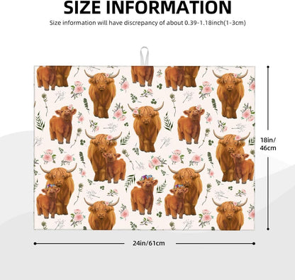 Highland Cow Dish Drying Mat for Kitchen Counter Cute Kitchen Mat Microfiber Kitchen Countertop Absorbent Reversible Drainer Rack Pad Dish Drying Mat 18 x 24 Inch