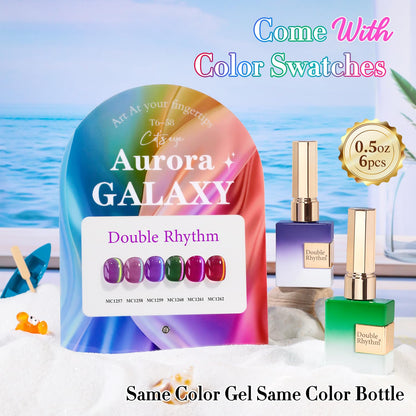 Double Rhythm Cat Eye Gel Nail Polish Set of 6 Same Color Same Bottle 0.5 Oz Shimmer Glitter with Magnet Holographic Reflective Magnetic UV Nail Polish Kit at Home (Aurora Galaxy Burgundy-T6-58)