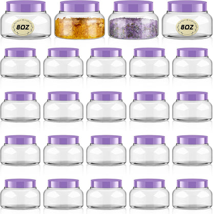 Tessco 24 Pack Plastic Jars with Lids Labels Empty Clear Plastic Jars Round Refillable Cosmetic Containers Body Butter Containers Bulk Sugar Scrub Bottle for Make Up(8 oz,Purple)