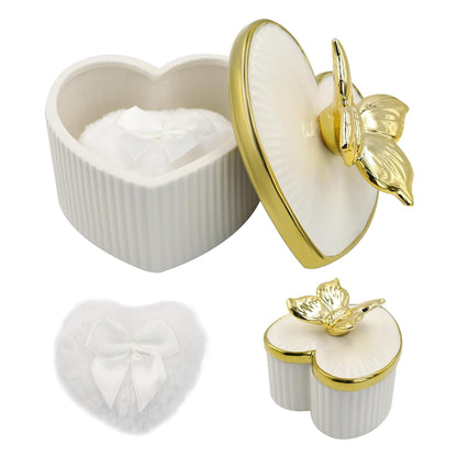 Large Body Powder Puff and Container, Ceramics Dusting Powder Container with 2 PCS Washable Heart Shaped Body Puff, Butterfly Dusting Case for Wet and Dry Makeup (White)