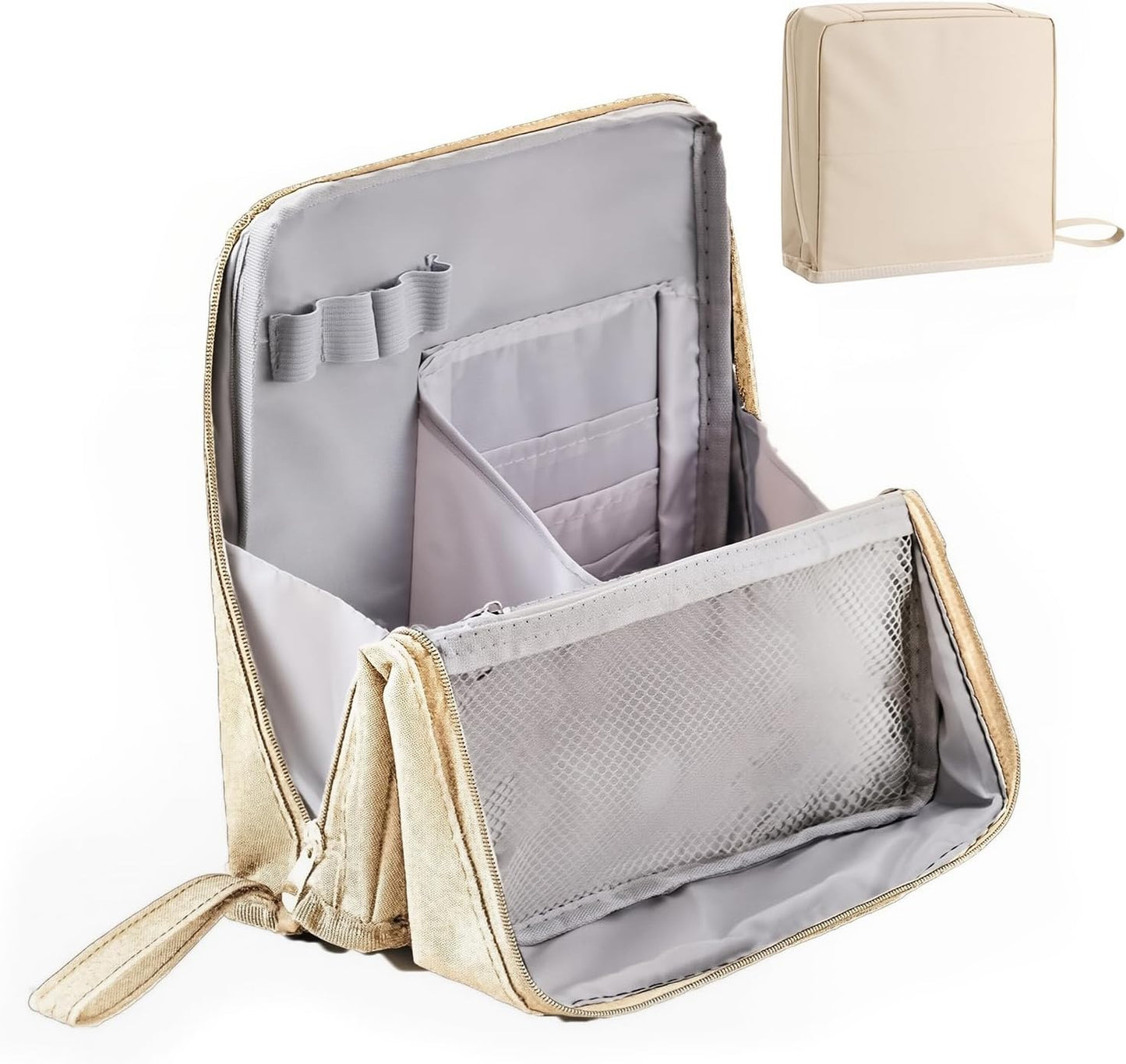Standing Makeup Bag with Brush Holder, Organizer Travel Cosmetic Bags, Small Make Up Pouches for Women Beige