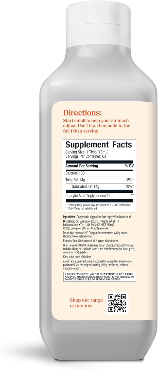 Bulletproof Brain Octane C8 MCT Oil, 32 Ounces, Keto Supplement for Sustained Energy and Fewer Cravings