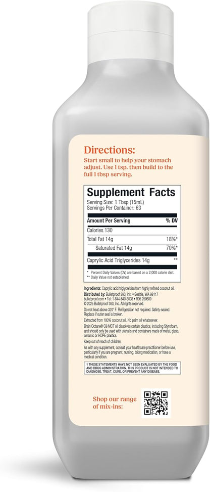Bulletproof Brain Octane C8 MCT Oil, 32 Ounces, Keto Supplement for Sustained Energy and Fewer Cravings