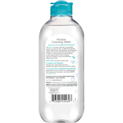 Garnier Micellar Water For Waterproof Makeup, Hydrating Facial Cleanser & Makeup Remover, Suitable for Sensitive Skin, Vegan, Cruelty Free, 13.5 Fl Oz (400mL), 1 Count