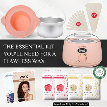 KOTAMU Wax Kit Pink Digital Hair Removal Waxing Kit for Women & Men Hot Wax Warmer Pot for Face, Eyebrow, Body, Brazilian, Bikini, Sensitive Skin Waxing Machine with 25 Accessories for Home Salon