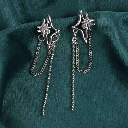 Vintage Crystal Northstar+Chain Drop Earrings Silver Tassel Chain Earrings Rhinestone Northstar Stud Earrings Long Beaded Chain Tassel Earrings Jewelry for Women