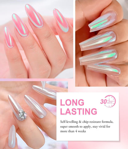 4pcs Chrome Nail Powder: Upgrade Silver Mermaid Effect White Chrome Nail Powder,Iridescent Aurora Holographic Nail powder Kit for DIY Nail Art Decorations(Laser,Green)