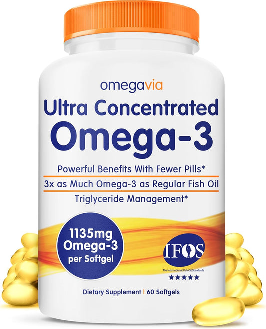 OmegaVia Ultra Concentrated Omega 3 Fish Oil Burpless, 60 Softgels, Triple Strength Omega 3 Fish Oil Supplements, 1135 mg Pure Omega3, No Fishy Burps, High EPA DHA DPA, IFOS 5-Star