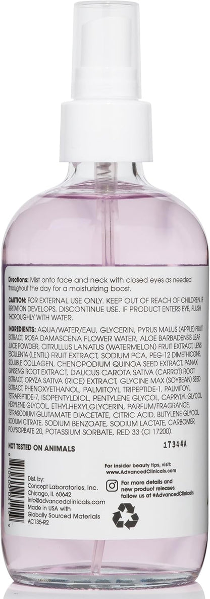 Advanced Clinicals Collagen + Rosewater Face Toner Skin Care Reviving & Hydrating Facial Mist for Face, Non-Greasy Instant Hydration Face Spray W/Pure Rose Water, Collage, & Natural Extracts, 8 Fl Oz
