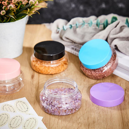 Tessco 24 Pack Plastic Jars with Lids Labels Empty Clear Plastic Jars Round Refillable Cosmetic Containers Body Butter Containers Bulk Sugar Scrub Bottle for Make Up(5 oz,Multicolor)