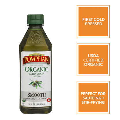 Pompeian USDA Organic Smooth Extra Virgin Olive Oil, Contains Polyphenols, First Cold Pressed, 16 Fl Oz