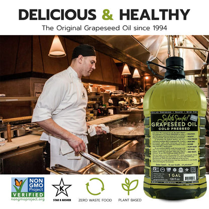 Cold Pressed Grapeseed Oil by Salute Sante! High Temperature Cooking, Healthy Grape Seed Oil, Non-GMO and Kosher for Salad Dressings, Marinades and Dips, Vegan, 1 Gallon, 4 Pack