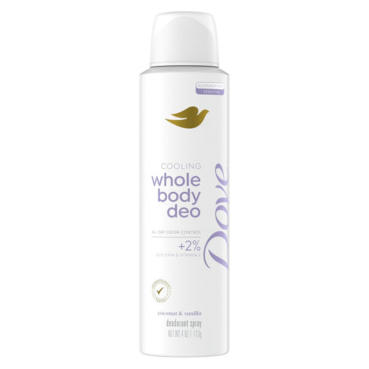 Dove Whole Body Deo Aluminum Free Invisible Spray Deodorant Coconut & Vanilla for 72h Odor Control 4 oz