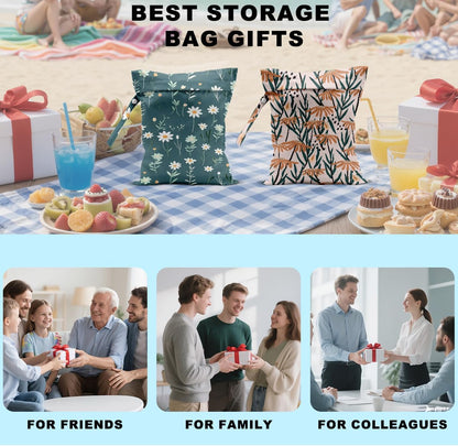 2Pcs Wild Flower Wet Bag 12x10 Inch, Daisy Waterproof Travel Laundry Bags, Floral Washable Reusable Wet Dry Bag for Swimsuit Pool Beach Diapers Dirty Yoga Gym Clothes, Flowers Gifts for Women Friend