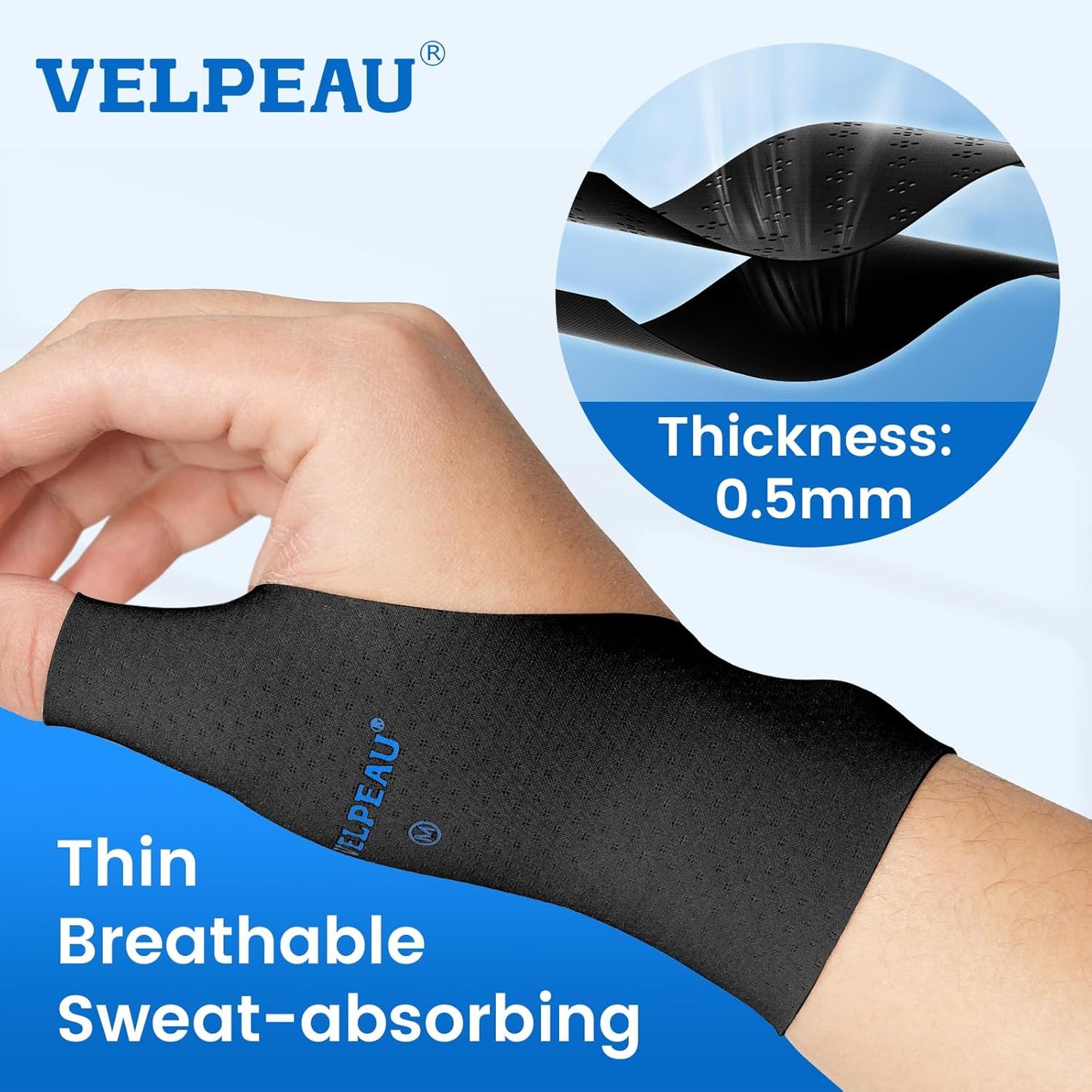 VELPEAU Thumb and Wrist Compression Sleeve for Tendonitis (Pack of 2), Seamless Technology, Gloves Wraps for Arthritis Pain Relief for Women & Men, Splint Liner, Fits Both Hands (Black, Long Version, S)