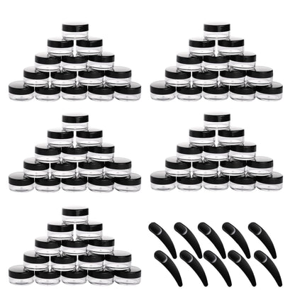 Refillable Cosmetic Sample Jars - 100 Pack 10g (0.35oz) Black Small Travel Containers with Lids + 10 Mini Makeup Spatulas - BPA Free