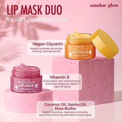 Mango, Vanilla & Watermelon Duo Lip Mask & Scrub - Dermatologist Tested, Anti-Aging, Korean Skin Care, Deep Hydration - Smooth, Soft & Plump Lips - Clean Beauty, Vegan, Non-GMO - 1 Pack