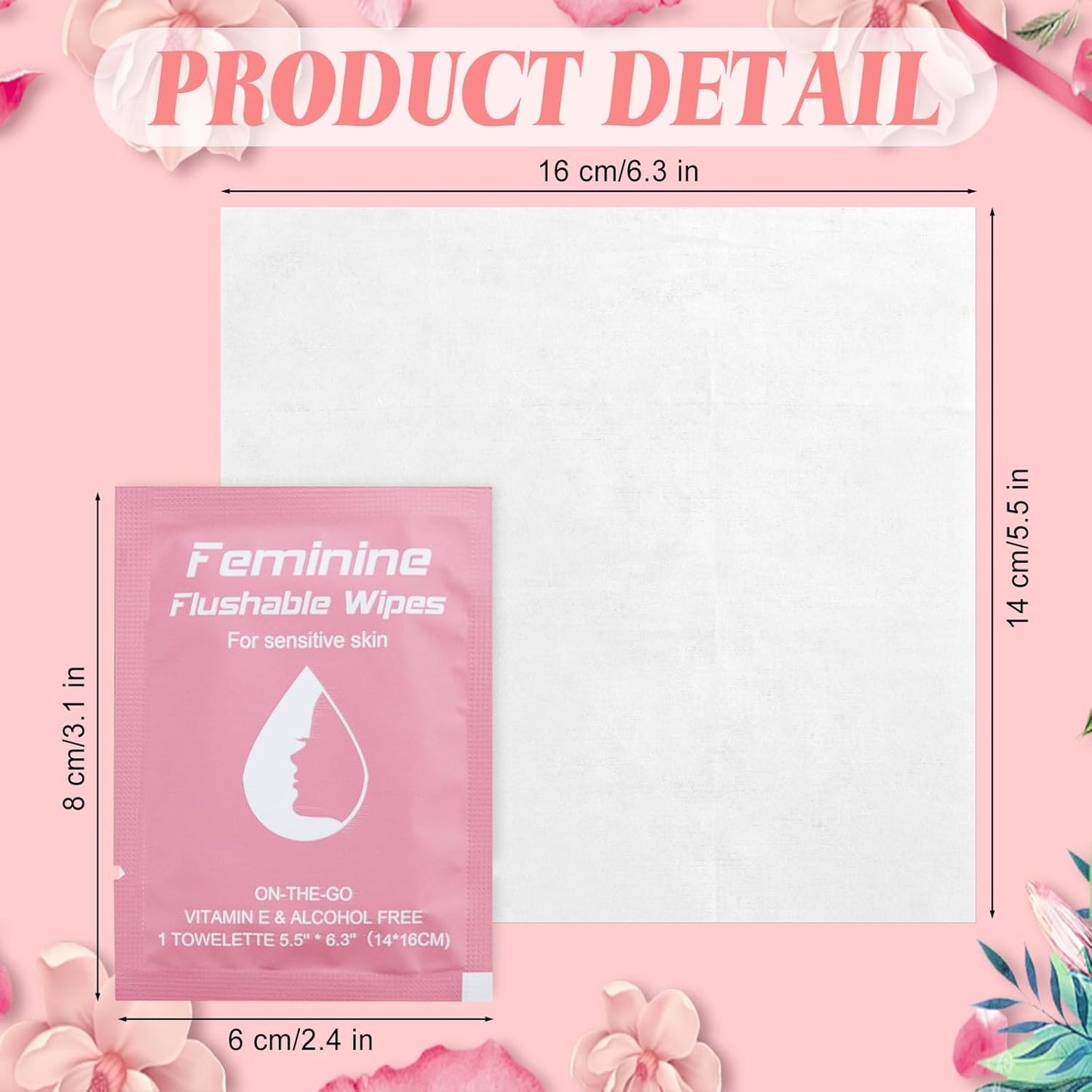 50 Feminine Wipes Flushable Travel Individually Wrapped,Travel Wipes for Women,Feminine Care Wet Wipes Travel Size Vaginal Wipes for Adult, Girl and Homeless