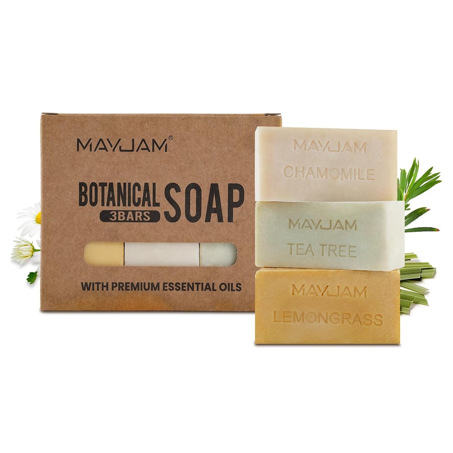 Natural Botanical Bar Soap With Essential Oil, Vitamin E, Pure Plant Oil Bath Body Soap- Lemongrass,Tea Tree, Roman Chamomile Rich Creamy for Men, Women All Skin Type