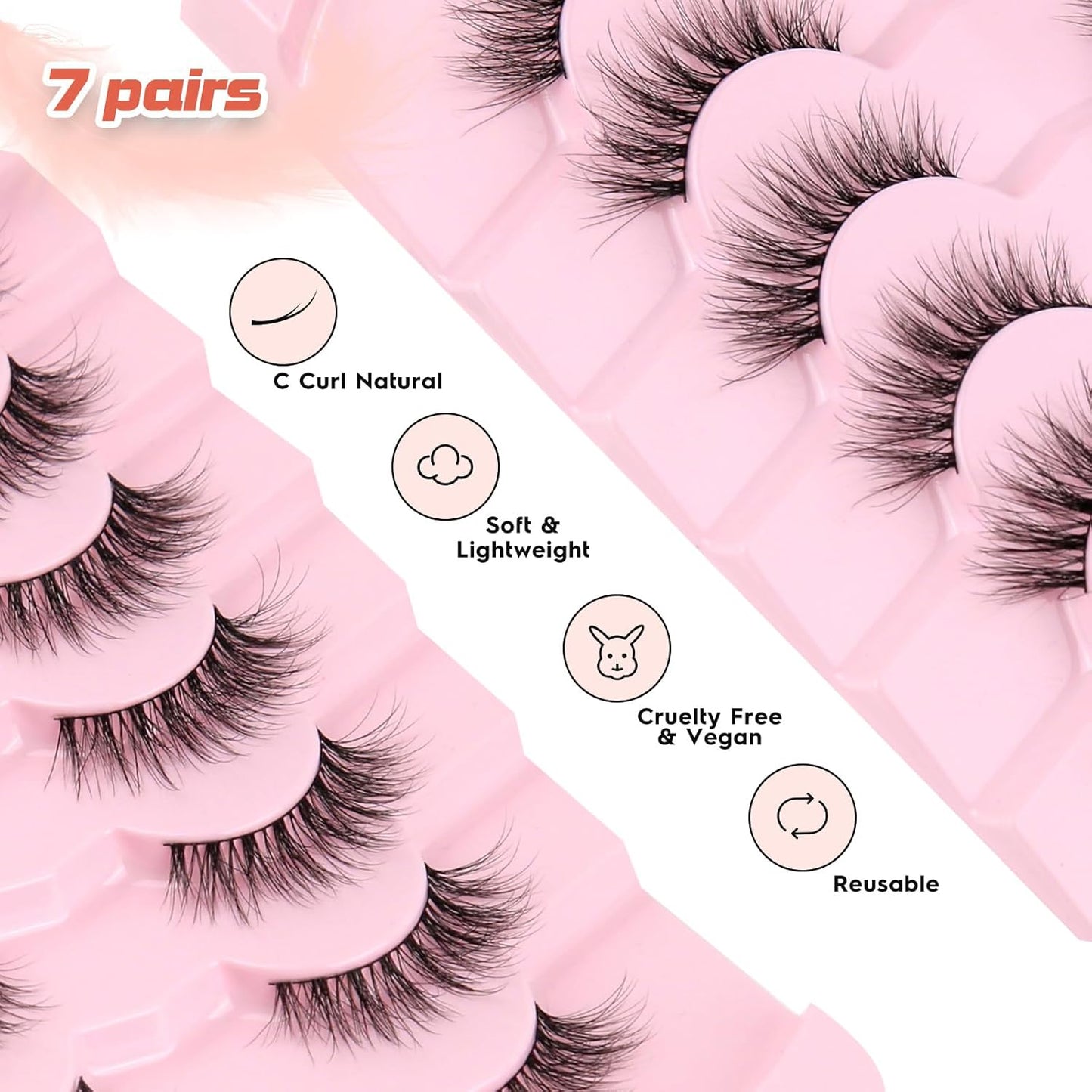 Natural Cat Eye Lashes Wispy Eyelashes 14mm Lightweight False Eyelashes 3D Volume Natural Strip Lashes 0.1mm Thin Cotton Band Lashes Pack C Curl Soft Lashes 7 Pairs Siligli