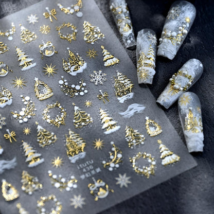Christmas Nail Art Stickers 5D Embossed Xmas Tree Snowflake Nail Decals White Gold Christmas Nail Stickers for Nail Art Self Adhesive Nail Supplies Design for Women Girls