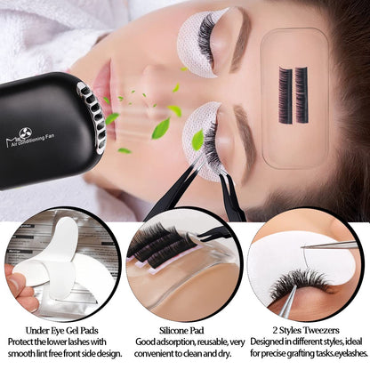 Lash Extension Kit for Beginners Lash Mannequin Head with Replaced Eyelids False Eyelashes Practice Eyelash Strips Facial Mister Tweezers Glue USB Fan Professional Set