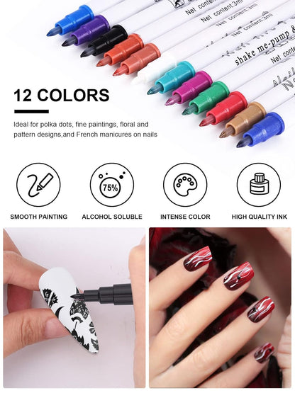 12 Color 3D Nail Art Pens Set, Kalolary Nail Point Graffiti Dotting Pen Drawing Painting Liner Brush for DIY Nail Art Beauty Adorn Manicure Tools