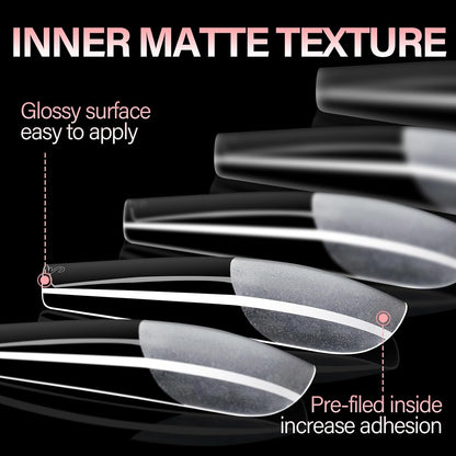 AILLSA Long Coffin Nail Tips Half Matte Full Cover Nails Tips Clear Acrylic Pre-Shaped Tips Flase Press on Nail Tips for Extentions Nails Manicure Salon DIY 216PCS 12 Sizes