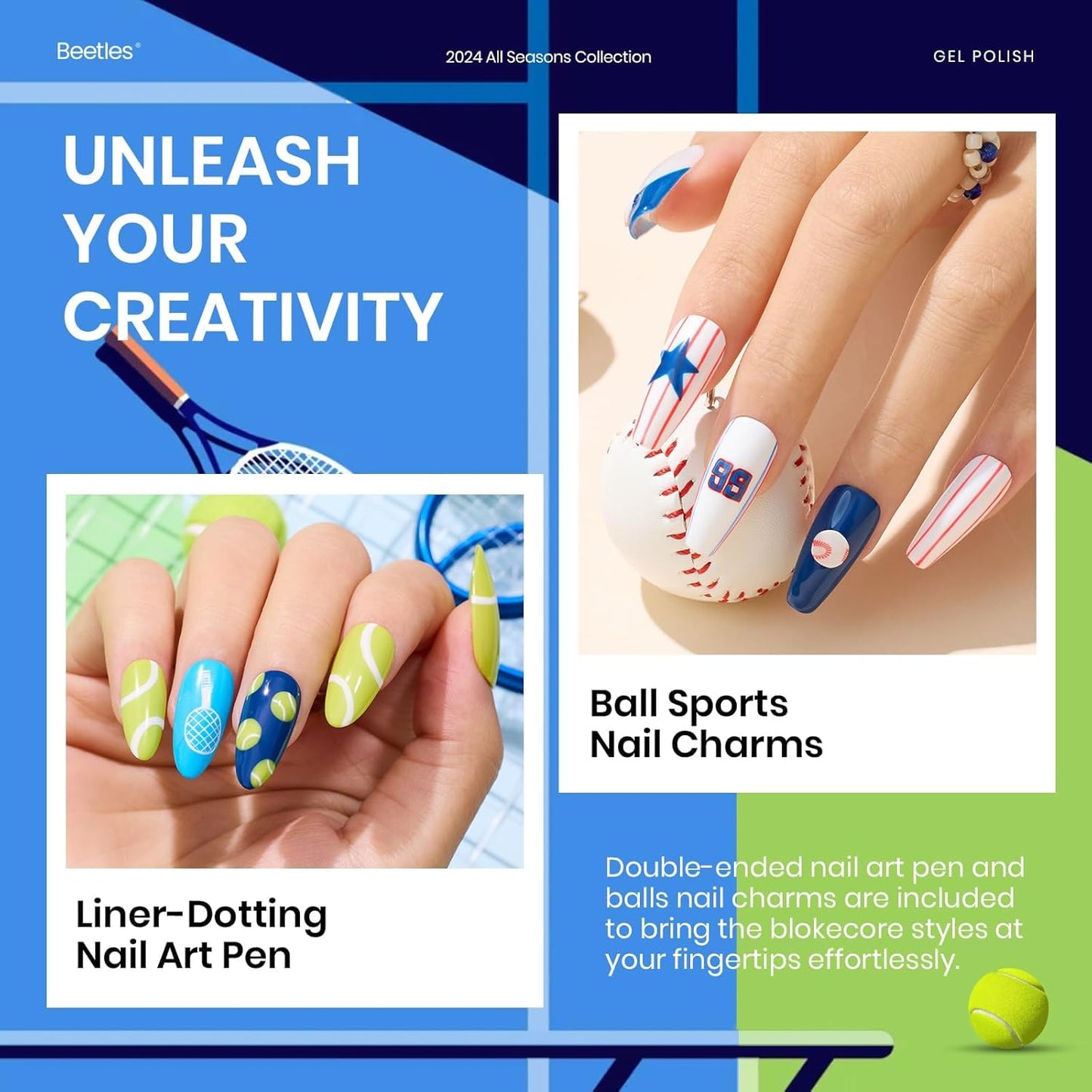 beetles Gel Polish Set, 20 Color Pink Yellow Green Red Blue Gel Nail Polish Blokecore Collection with Sports Nail Charms Base Top Coat and Double-ended Brush DIY Home Rainbow Nails