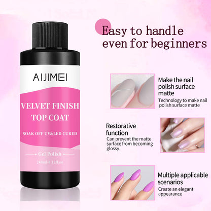 AIJIMEI Velvet Finish Top Coat 8 Fl.Oz Luxurious Matte Effect, Quick Dry, Easy Application, Suitable for All Nail Types, Professional Quality Gel Nail Polish for Home Use