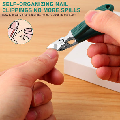 Eagle Beak Beveled Nail Clippers, Upgrade Stainless Steel Wide Jaw Opening Anti-Splash Nail Clipper Set of 3-Piece, Long Handle Angled Nail Clipper for Ingrown & Thick Nail for Men Women (Green)