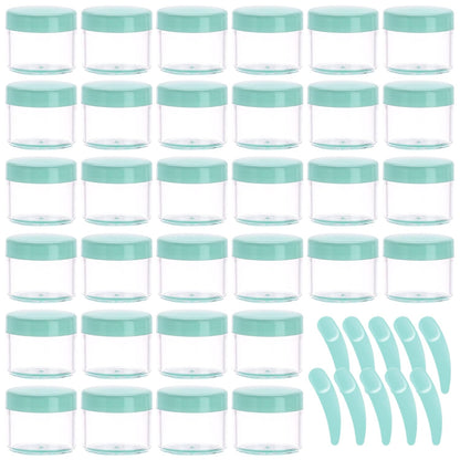 Refillable Cosmetic Sample Jars - 100 Pack 20g (0.7oz) Green Small Travel Containers with Lids + 10 Mini Makeup Spatulas - BPA Free