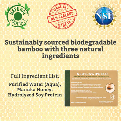 TearRestore NeutraWipe Eco Manuka Honey Eyelid Wipes | Ultra-Soft Biodegradable Eyelash Cleanser For Blepharitis & Dry, Itchy, Swollen, Irritated Eyes (30 Count)