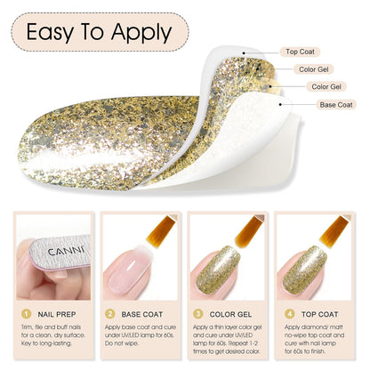 CANNI Gold Glitter Gel Polish – 9ML Chunky Sparkly Soak-Off UV/LED Nail Gel, Golden Flakes Finish for DIY Manicure, French Tips, or Salon Use