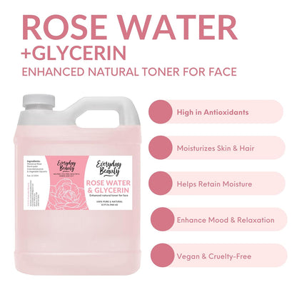Rose Water & Glycerin Enhanced Facial Toner - 32oz Bulk Alcohol-Free Vegan All Natural Refreshing for Face and Hair - Uplifts, Calming & Soothing for All Skin Types…