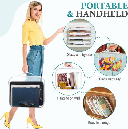 Sanwuta 4 Pcs Clear Hard Zipper Case with Handle Office Storage Cases Hard Plastic Pouches Transparent Bins for Toys, Snacks, Cosmetics, Building Blocks, Puzzles(13.8 x 11.8 x 2 Inches,White)