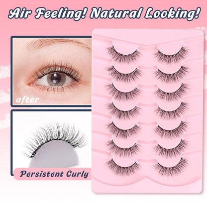 Natural Lashes Eyelashes Wispy 12mm False Lashes Soft Strip Lashes 3D Volume Eyelashes Thin Cotton Band Natural Eye Lashes C Curl Eyelash Siligli Lash Pack 7 Pair