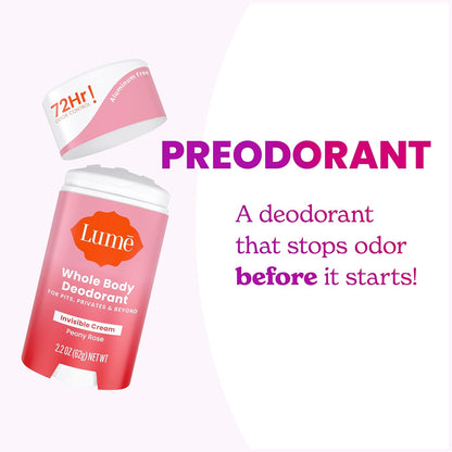 Lume Deodorant Cream Stick - Underarms and Private Parts - Aluminum-Free, Baking Soda-Free, Hypoallergenic, and Safe For Sensitive Skin - 2.2 Ounce (Pack of 2) (Peony Rose)