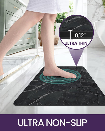 DEXI Bath Mat 17x43, Non Slip Quick Dry Rugs, Super Absorbent Ultra Thin Marble Bathmat, Washable Rubber Mats for Shower Floor, in Front of Bathtub, Sink, Bathroom Accessories Decor, Black