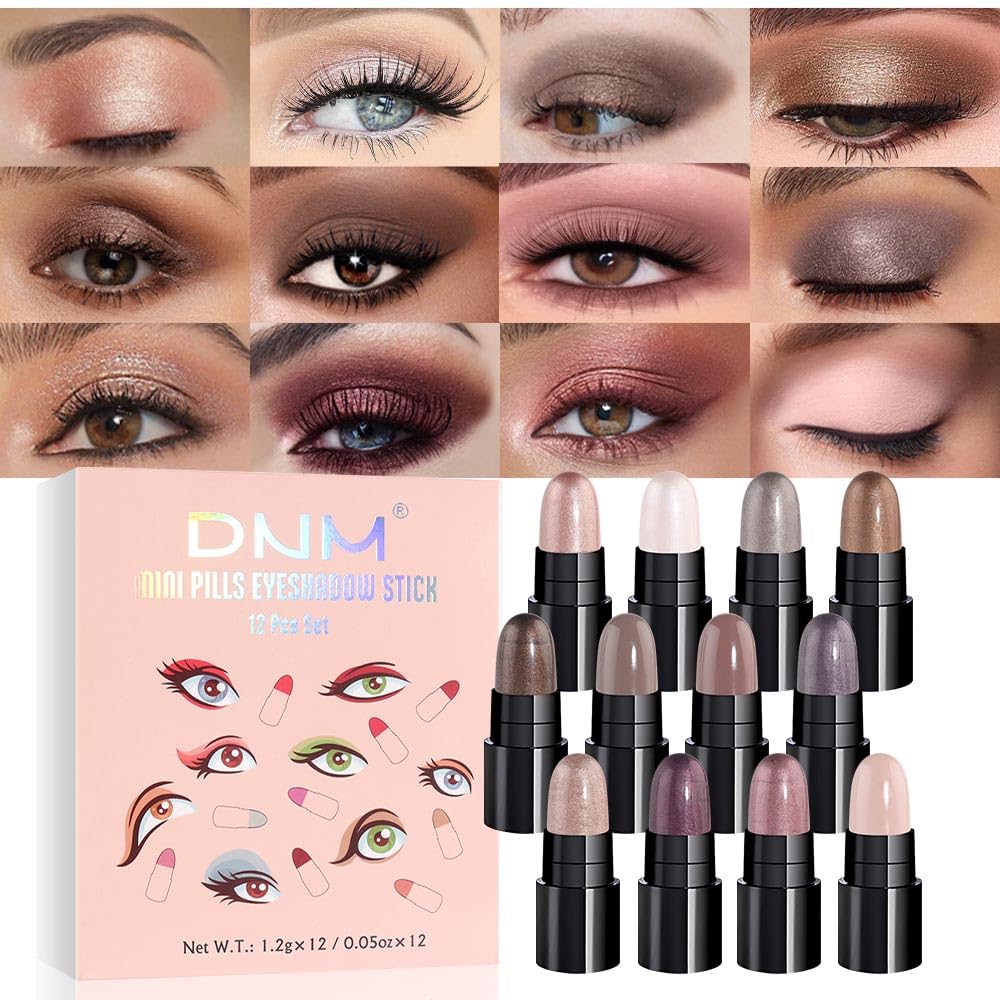 evpct 12Pcs Capsule Cream Eye Shadow Brightener Sticks Set for Eyes, Champagne Pearl Taupe Bronze Cocoa Stone Putty Smoky Amethyst Shimmer Matte Pencil Eye shadow Applicator Stick Palette Makeup 02