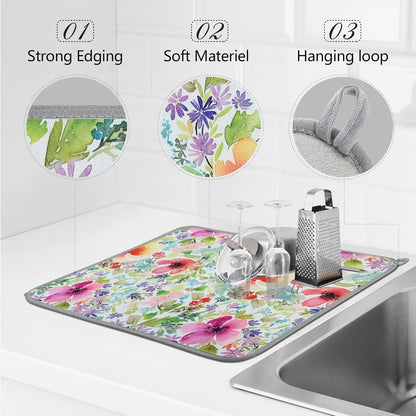 SHIYUE Dish Drying Mat for Kitchen Counter Super Absorbent Spring Kitchen Decor Microfiber Drying Matainers Rack Fast Pad Dish Drainer Mats(Watercolor Floral,18''x24'')