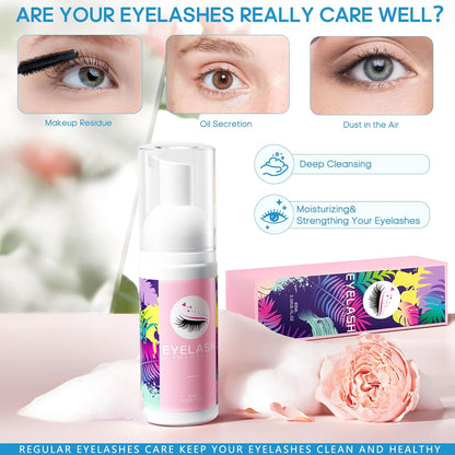 Buqikma Lash Shampoo Kit - Eyelash Extension Cleanser for Extensions 60ML with Rechargeable Handheld Lash Fan Dryer Mascara Brush Rinse Bottle Makeup Cleansing Foam for Lash Care