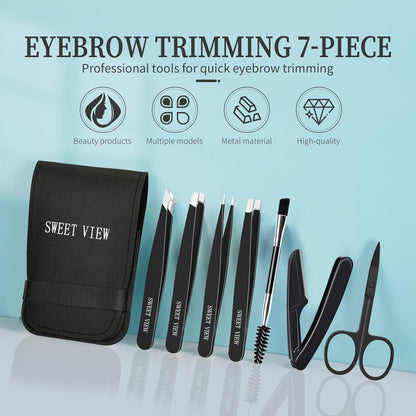 7pcs Eyebrow Tweezers Kit for Women Precision Plucker with Brow Scissors & Razor & Spoolie for Facial, Chin, Brow, Splinter and Ingrown Hair