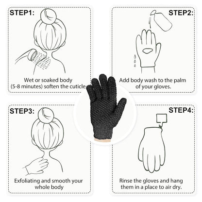 Evridwear Exfoliating Dual Texture Bath Gloves for Shower, Spa, Massage and Body Scrubs, Dead Skin Cell Remover, Gloves with Hanging Loop (1 Pair Black Heavy Glove)