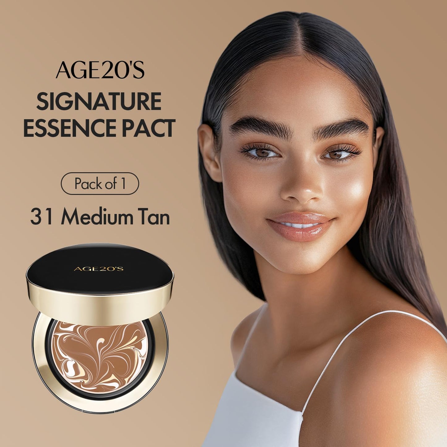 AGE20'S Signature Essence Pact SPF 50+ | Pack of 1 | 31 Medium Tan | Cream Foundation, Dewy Finish, Natural Coverage | Korean Cushion Foundation