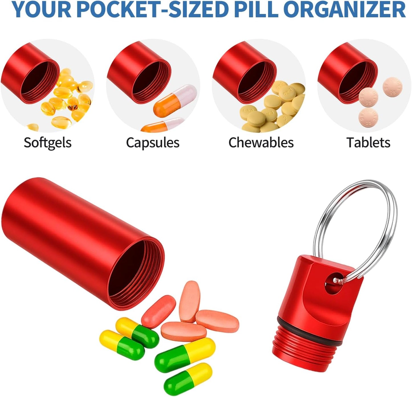 5 Packs Pill Case Keychain, Aluminum Alloy Mini Portable Pill Bottle, Waterproof Keychain Pill Holder for Purse, Pill Holder with Keyring for Outdoor Camping Travel(5 Colors)