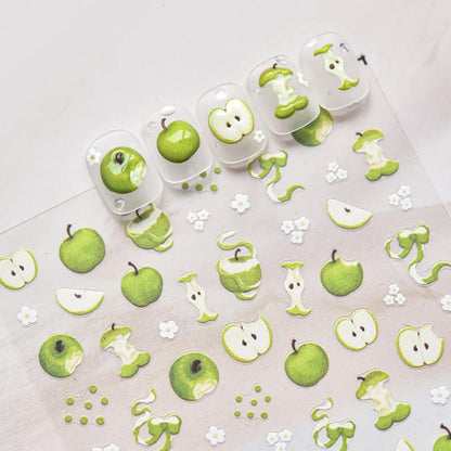 5D Embossed Nail Stickers for Nail Art Green Apple Nail Art Stickers White Flower Nail Decals Self Adhesive Spring Nails Supplies for Women Girls